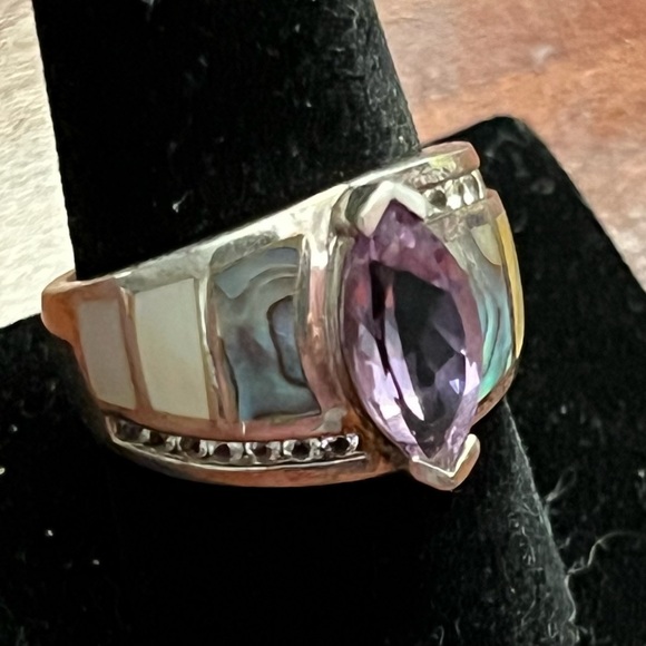 Sterling Silver 925 Marquis Amethyst Abalone Inlay Whitney Kelly Ring EC 9 #331 - Picture 6 of 12